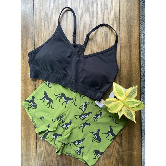 Victoria’s Secret PINK Sports Bra & Panther Print Boyshort Bundle Size Med - Picture 1 of 11